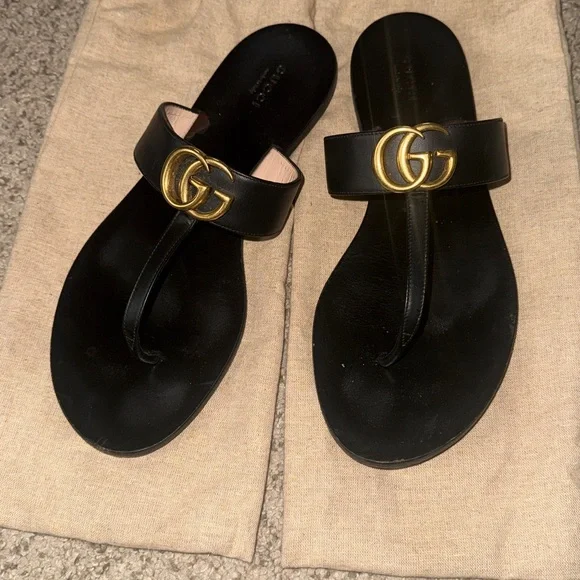 Gucci Marmont Leather Thong Sandal with Double G (GG) — Black Size 40 - Picture 9 of 14